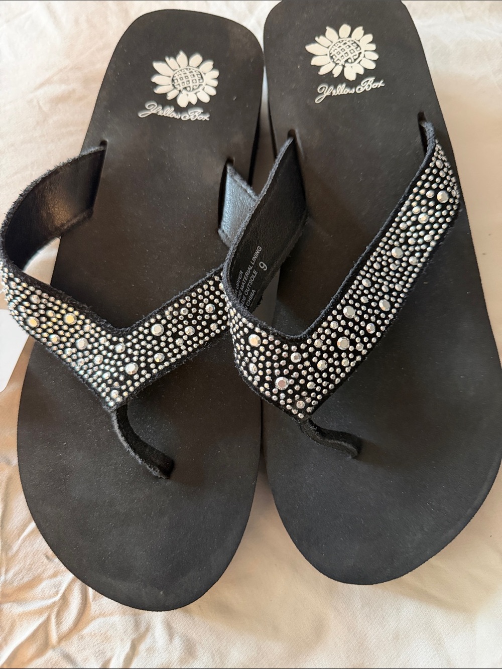Yellow Box Black Rhinestone Thong Sandals